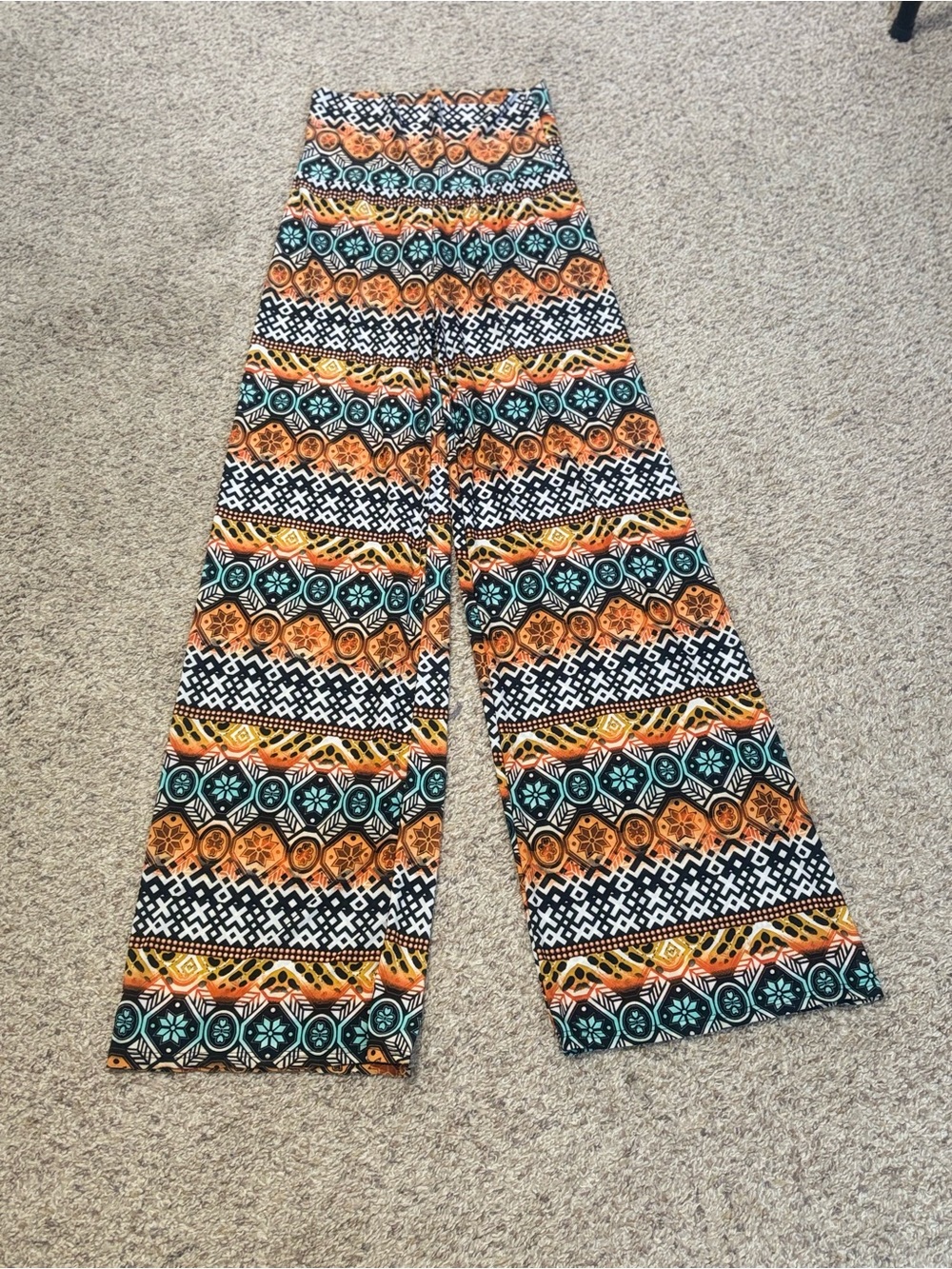 Bold Tribal Print Wide Leg Palazzo Pants Orange & Teal Size: Small